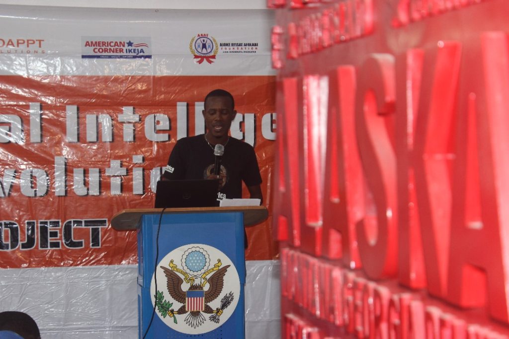 G.O. Lawal making his presentation at the AI Revolution Students Program Bootcamp